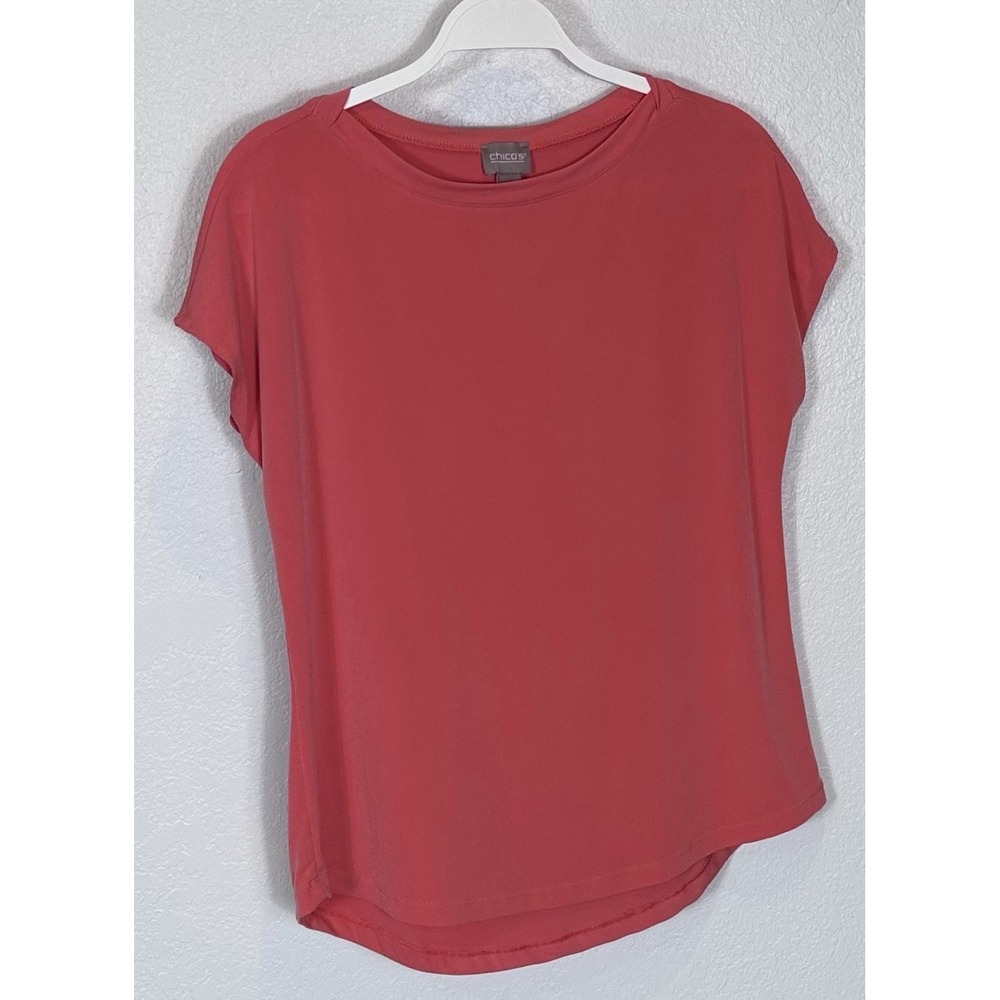 Chicos Womens Size 1 Pretty Pink Pull Over Top Boat Neck Short Sleeve Super Soft
